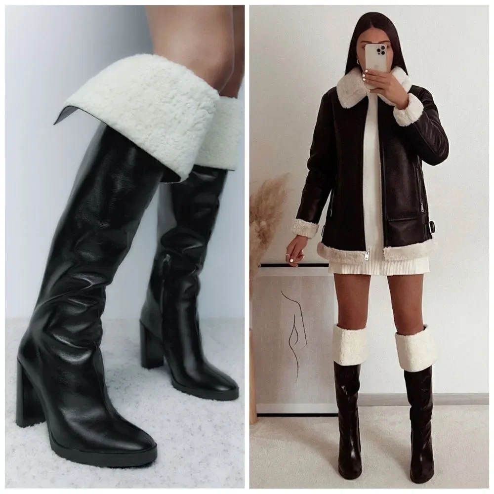 Zara OVER-THE-KNEE LEATHER BOOTS WITH FAUX SHEARLING LINING